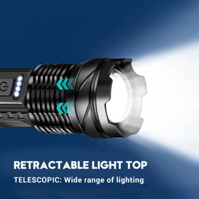 Lanternas Táticas LED de Alta Potência, Holofotes de Emergência, Zoom Telescópico, Bateria Embutida, USB Recarregável, Tocha de Acampamento