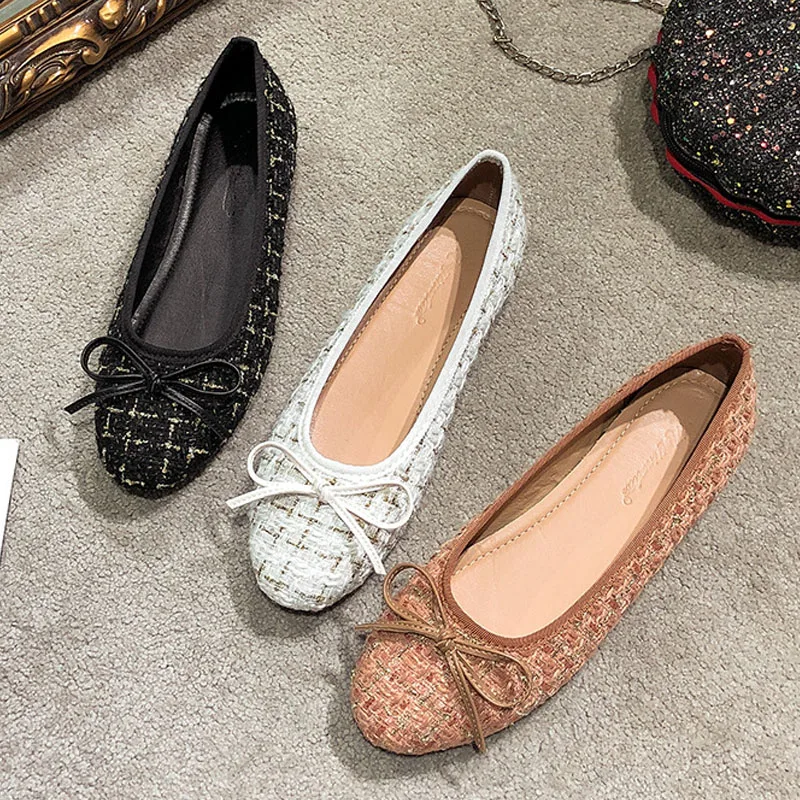 Women Shoes Sweet Bowknot Ballet Flats Lady Luxury Tweed Pumps Comfortable Round Toe Slip-on Scoop Shoes Soft Sole Casual Shoes