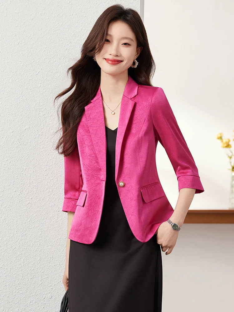 

Pink Suit Jacket Women's Seven Sleeve Commute Thin Waist-Cinching Spring Casual Fashion Workwear Polyester Fabric Coat