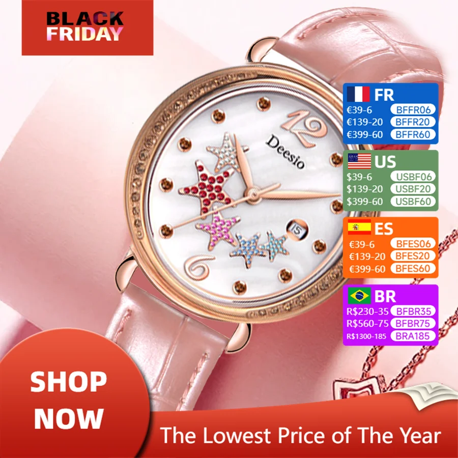 Deesio Luxury Fashion Casual Women's Quartz Wristwatches Switzerland Movement Starfish Dial Ladies Watch Reloj Para Mujer