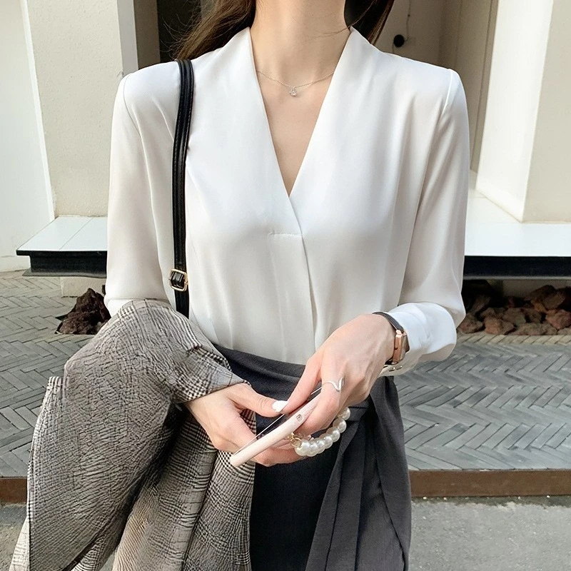 

Elegant Chiffon V-neck Women's White Blouse Spring Autumn 2025 New Long Sleeve Casual Loose Office Lady Workwear Shirts Female