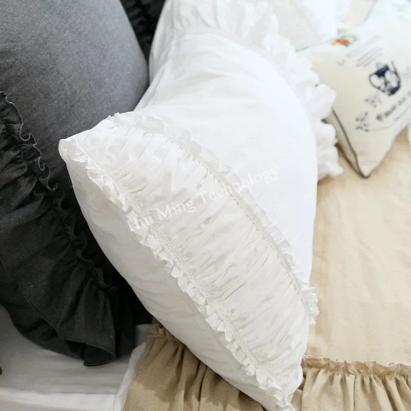 2Pcs 100% Cotton Pillow Cover White Luxury Pillow Case Custom Embroidery Lace Ruffle Quality Pillowcase Pillow Cases Lotus Leaf