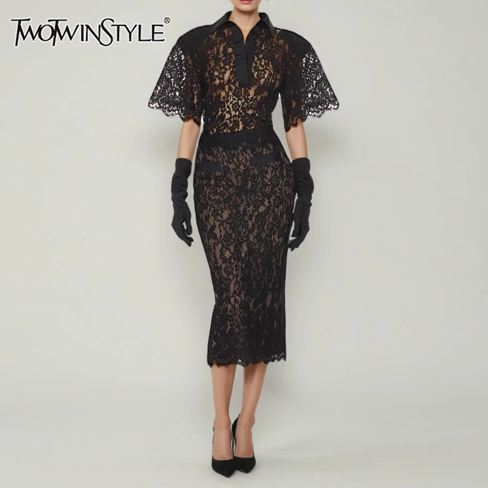 

TWOTWINSTYLE Solid Slimming Hollow Out Spliced Lace Two Piece Sets for Women Lapel Short Sleeves Top High Waist Skirt Set Female