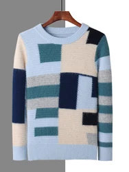 High Quality 100% Mink Cashmere Sweater Men O-neck Pullover Autumn Winter Thick Warm Youth Color Matching Cashmere Knitwear Tops
