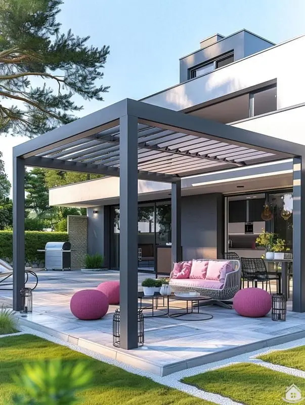 With LED lights blinds aluminum pavilion pergola suitable for placement beside the swimming pool Windproof and rainproof gazebo
