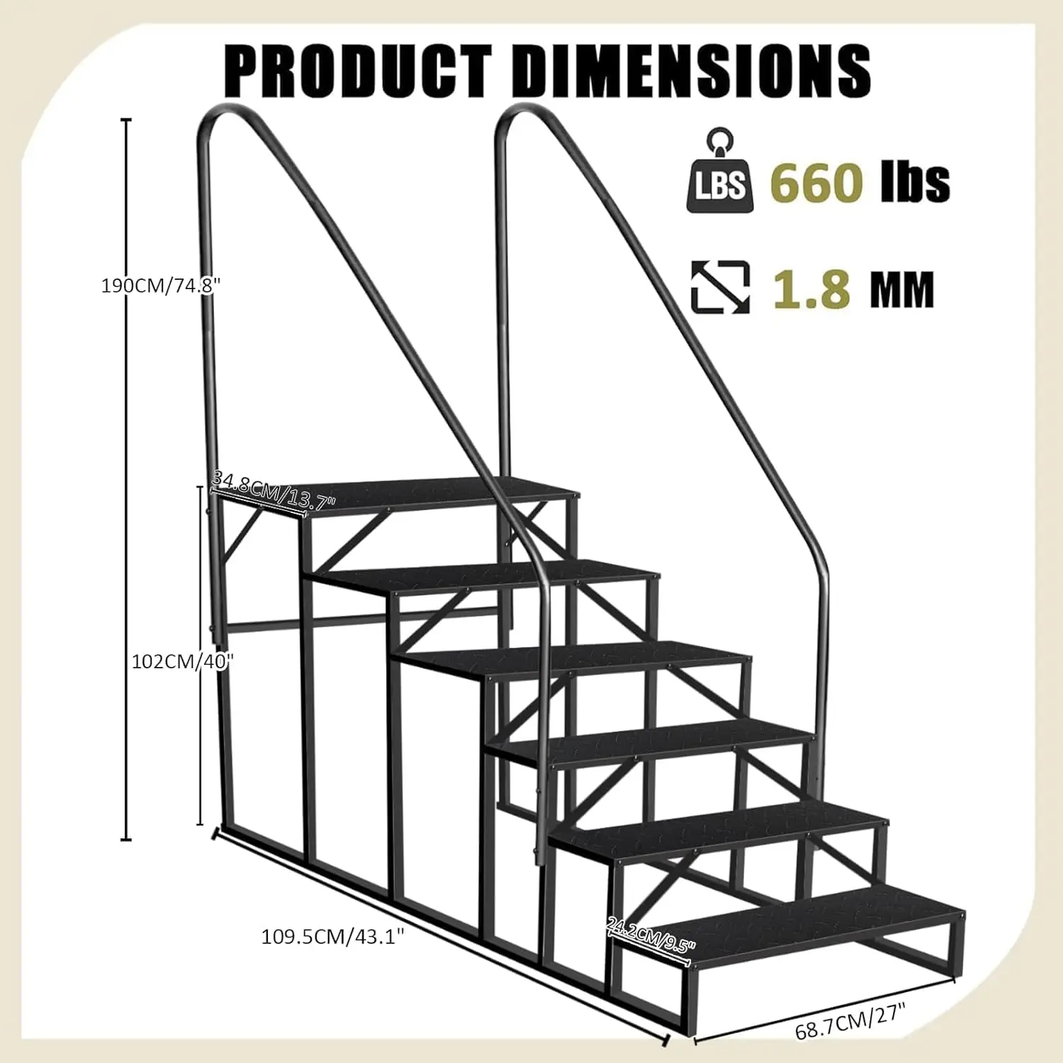 Step Ladder, 6 Step Stool With Handle, Heavy Duty Pool Ladder Above Ground 660Lbs, Camper Steps Outdoor Steps Rv Stairs For