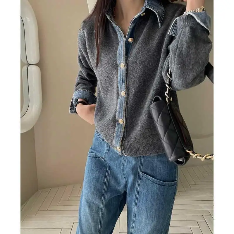 Hot 2026 New Autumnwinter  Style Design Fashion Versatile Knitted Cardigan Trendy Cowboy Splicing Long Sleeve Sweater Coat