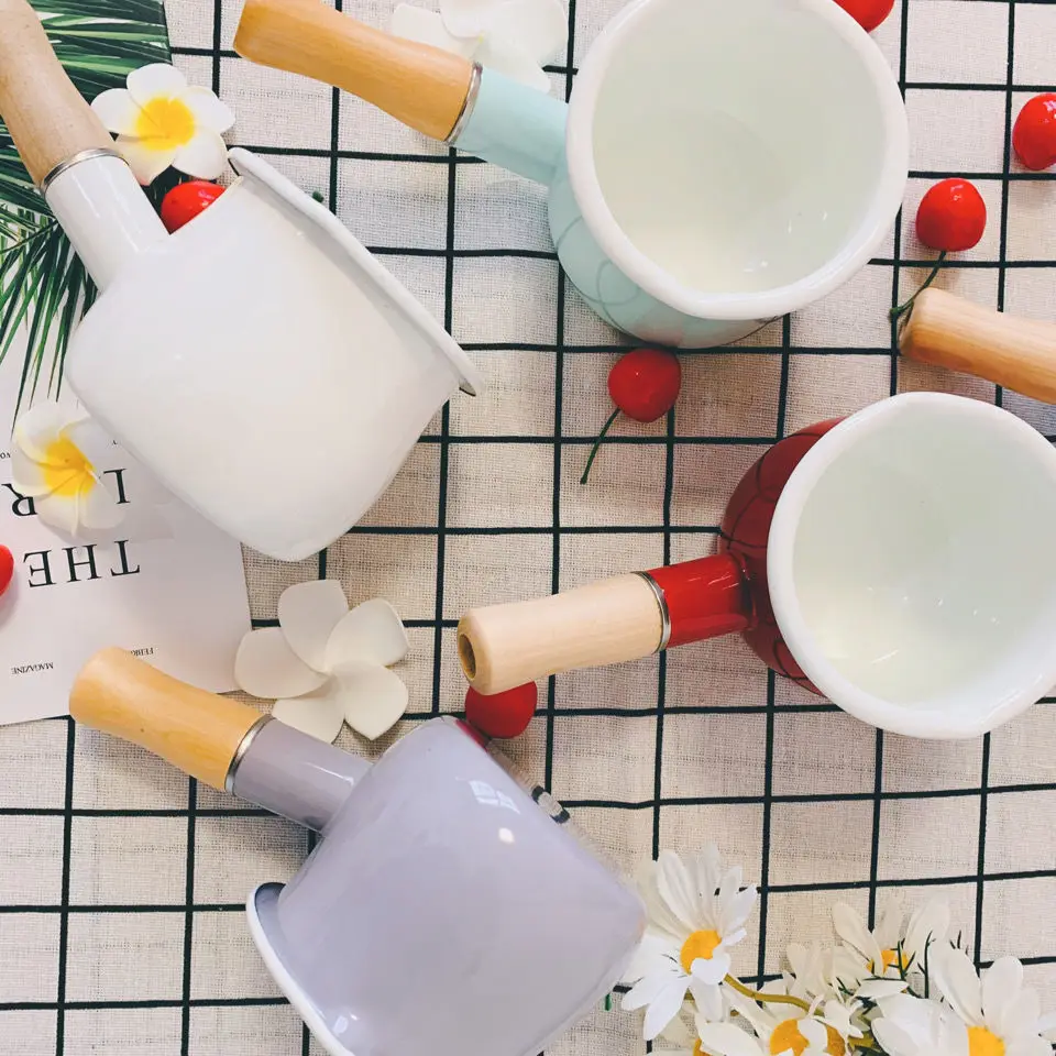 

Enamel Japanese Single Handle Mini Milk Pot Baby Supplemental PotSoup Bowl Butter Pot Coffee Milk Cups