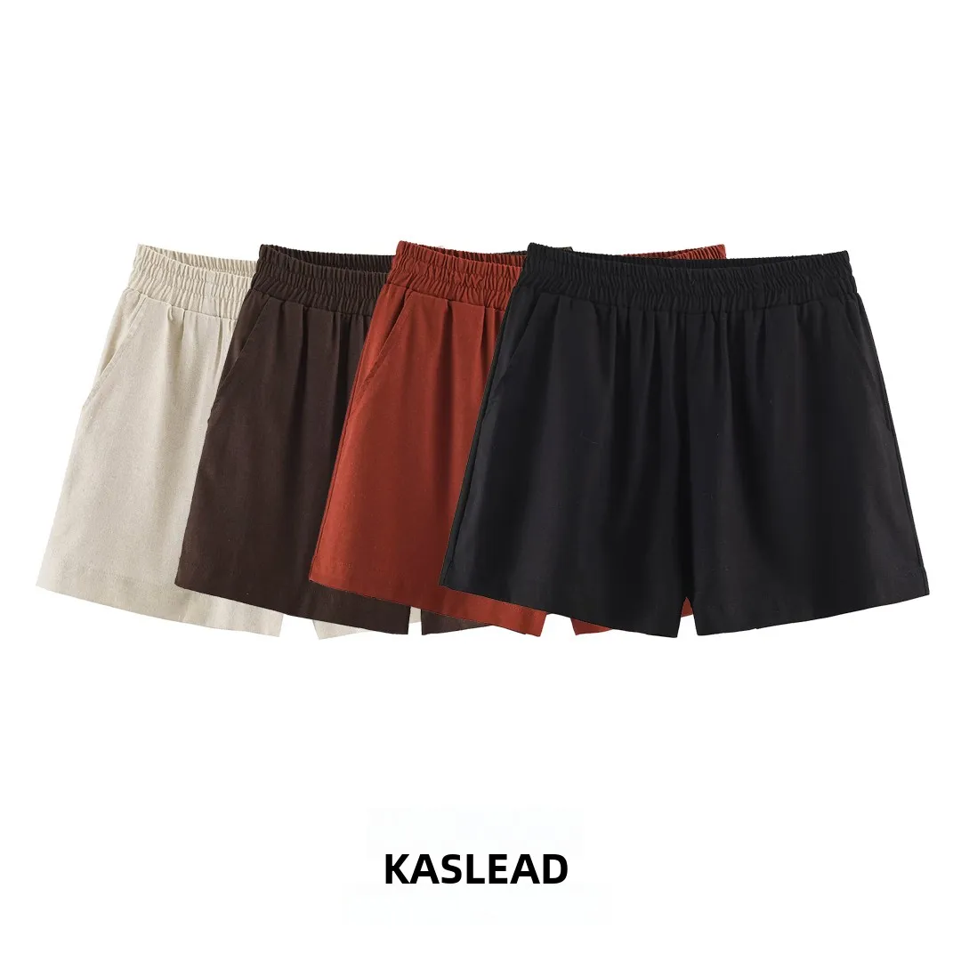 KASLEAD New Women's Casual Elastic Waist Mixed Fabric Shorts Street Style Straight Leg Summer Fashion Ladies' Polyester Shorts