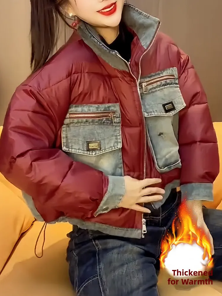 Damen Thiened Fce Denim Daunen Jaet Korean Sle Loose Fit Winter Oberbekleidung Farbe Blo Splicing Faionable Mantel