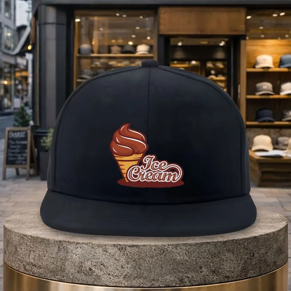 1pc Ice Cream Print Baseball Cap with Ice Cream Cone & Scoop, Adjustable Snapback Flat Brim Hat Suitable for Golf, Travel, Parti