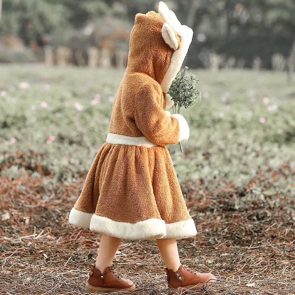 

Cute Reindeer Women Girl Cosplay Christmas Elk Hooded Dress Halloween Costume Coral Fleece Pajamas Mother-daughter Outfits
