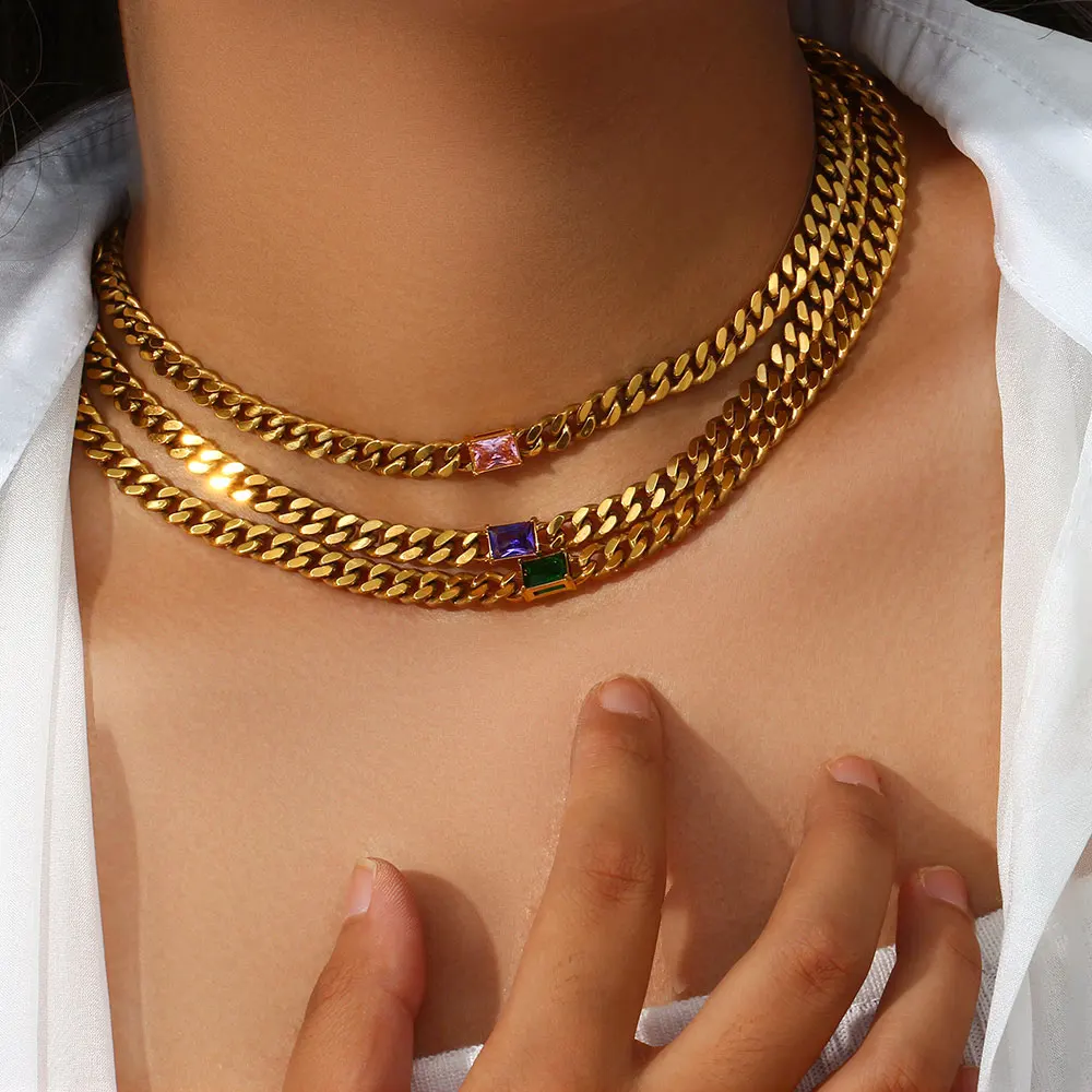 6.5mm Cuban Chain Rectangle Zircon Pendant Necklace Gold Plated Stainless Steel Chain Choker Necklaces For Woman Jewelry