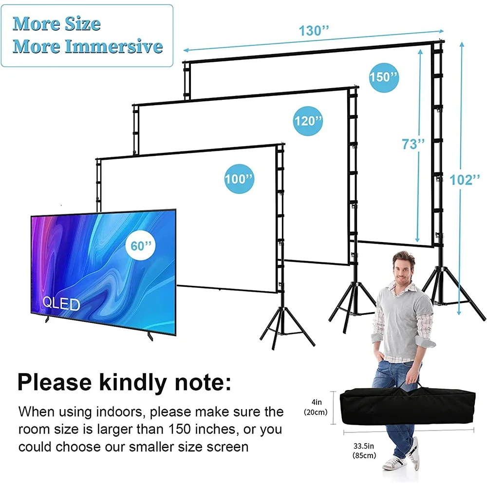 LEJIADA Projector Screen With Stand White Wrinkle-Free 60-150 inch 160° Viewing Angle Double Sided Screen Home Theater Outdoor