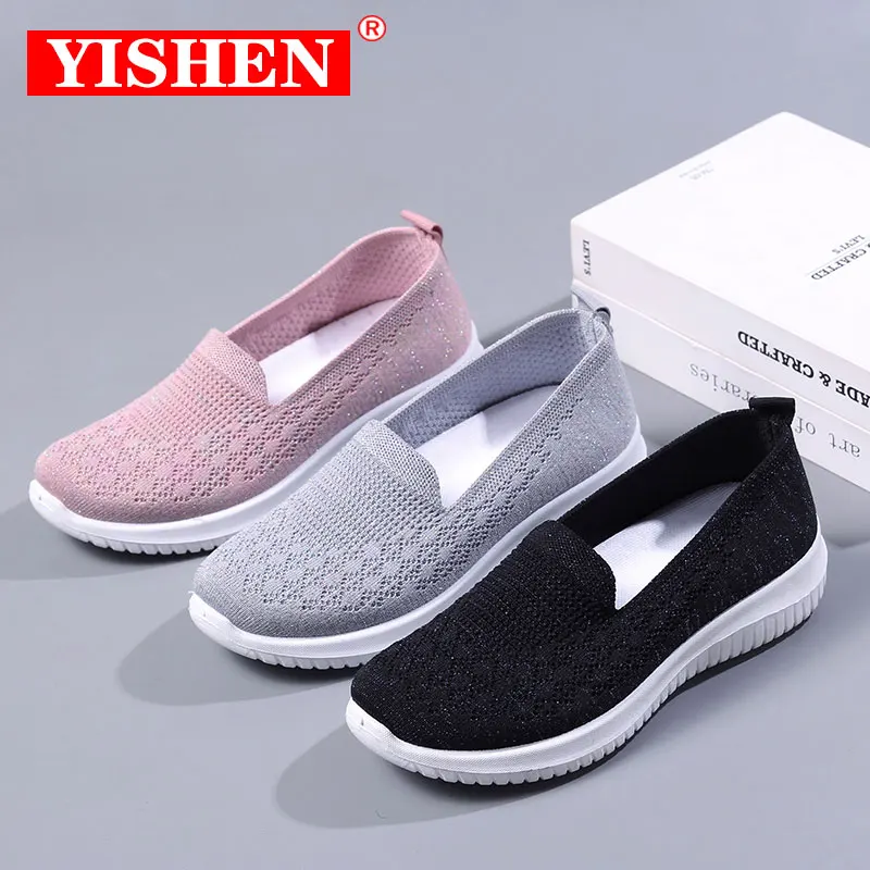 YISHEN Women Casual Shoes Knitting Chunky Flats Slip On Mesh Loafers Lightweight Summer Breathable Socks Shoes Zapatos De Mujer