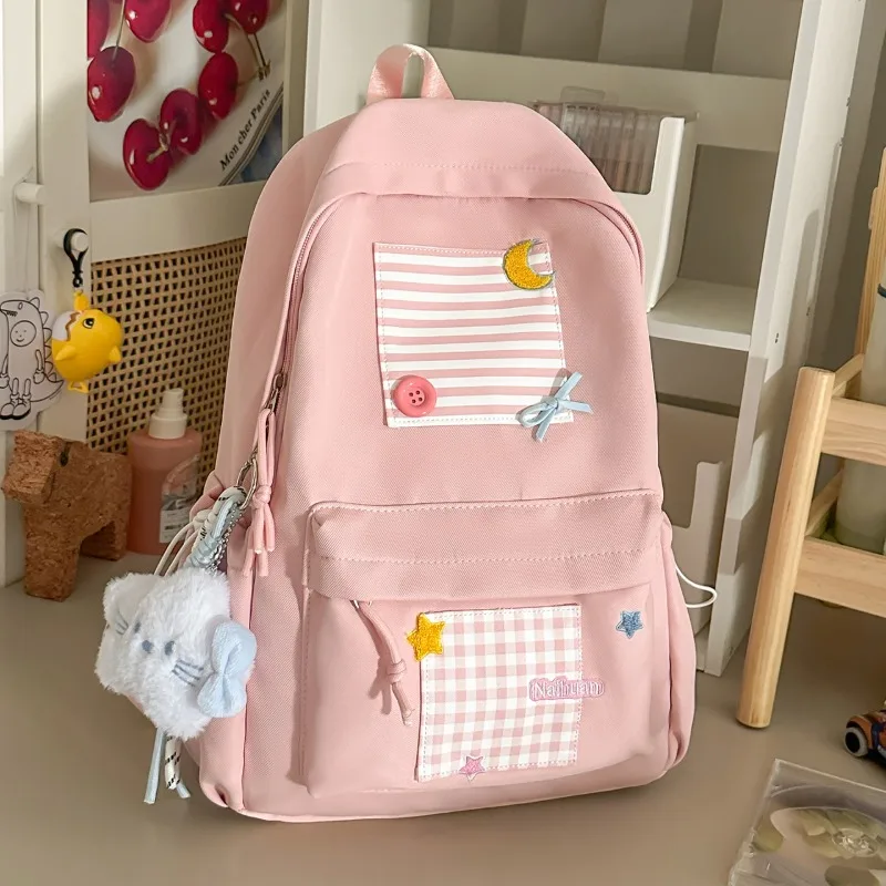 2026 New Cute Zipper Backpack School Bag Large Capacity Nylon Student Backpack Stitching Line Casual Travel Rucksack
