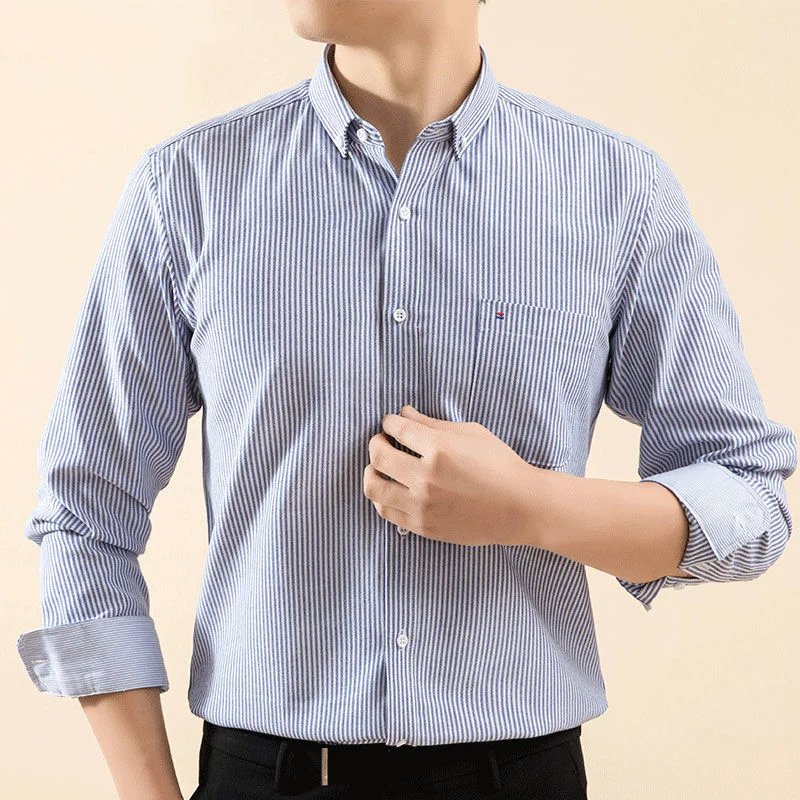 Chemise à rayures à manches longues pour hommes, pur coton, revers, bouton, poche, moyen, américains, décontracté, intelligent, haut, printemps,