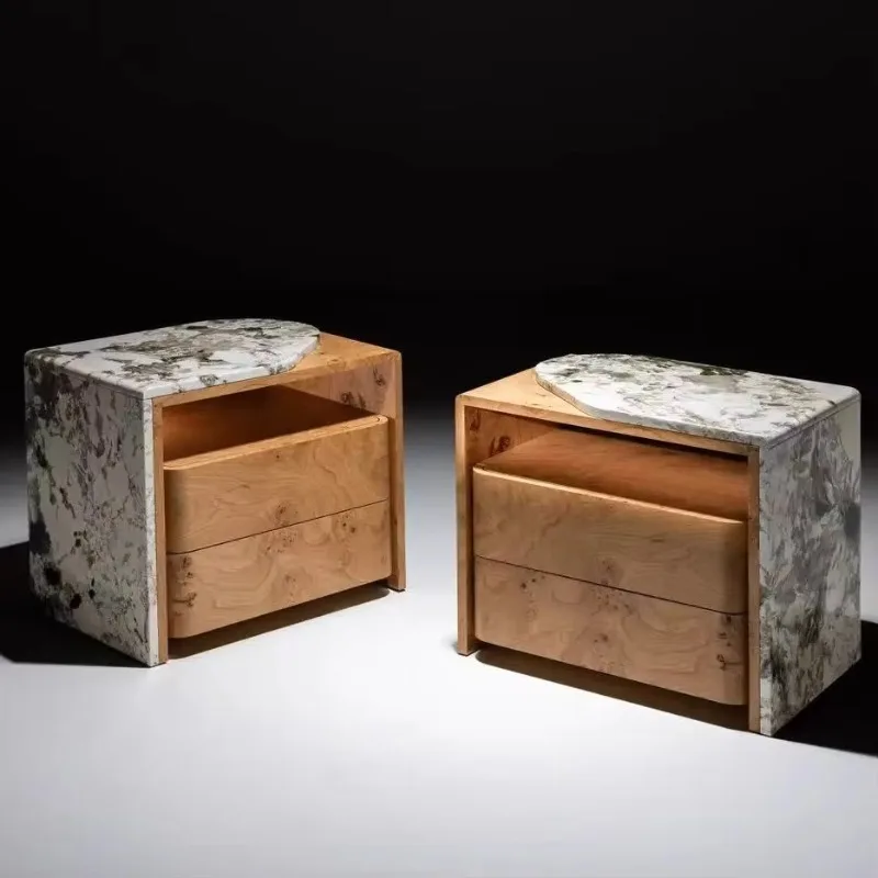 French retro design solid wood bedside table with tree knot leather surface retro style, bedroom handmade locker