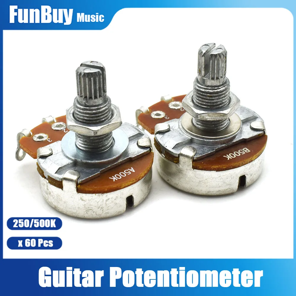 60pcs Long Split Shaft Electric Guitar Potentiometers Pots Volume Tone Control Pots A250K B250K A500K B500K Optional