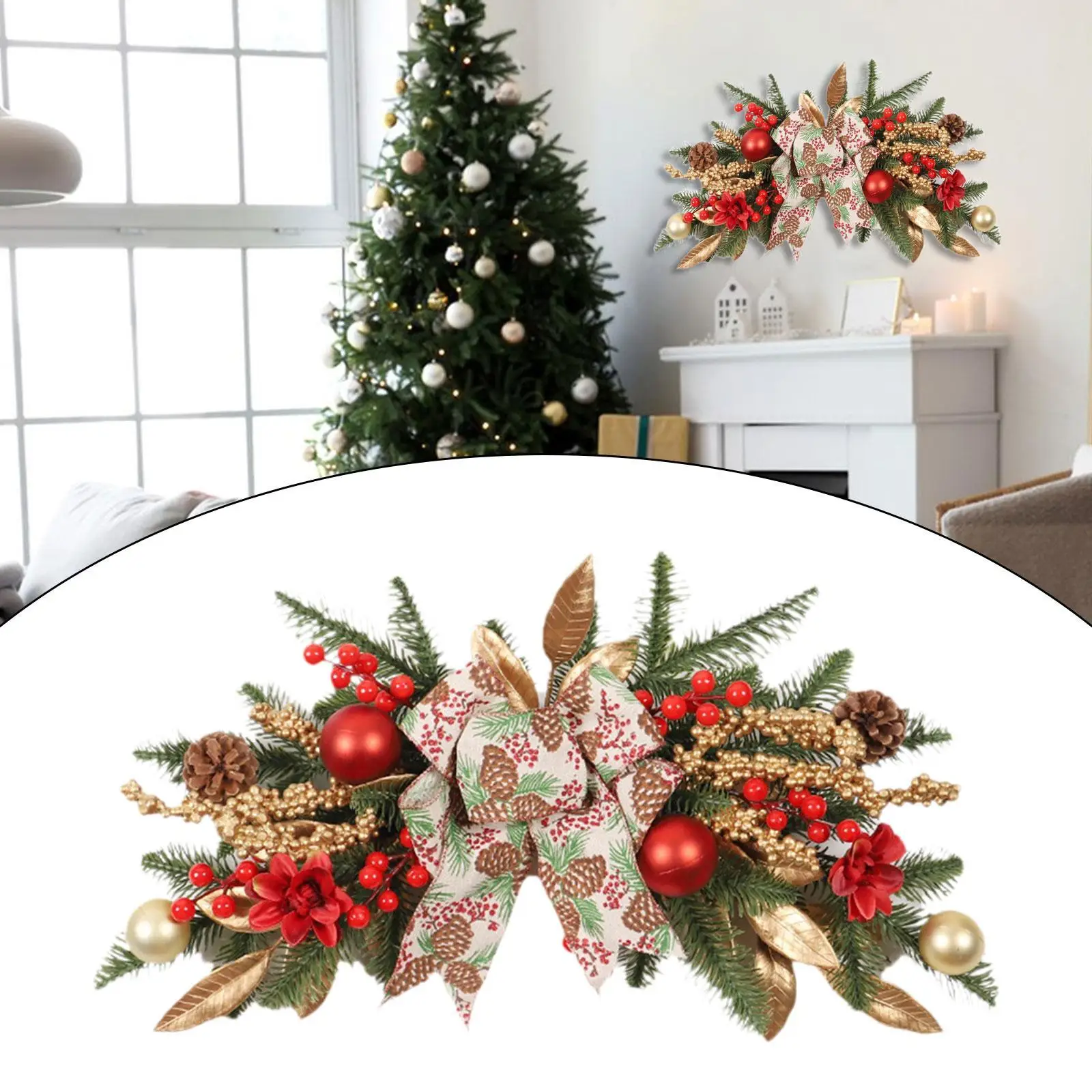 Christmas Swag for Front Door with Pine Cones, Berries Xmas Artificial Wreath for Outside Mantle Mailbox Stairs Railing Holiday