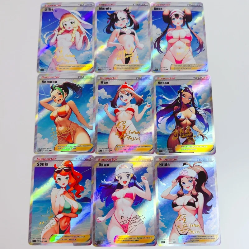 9Pcs/Set Pokemon Marnie May Nemona Nessa Sonia Dawn Swimwear Cards Self Made Anime Game Characters Collection DIY Flash Card Toy