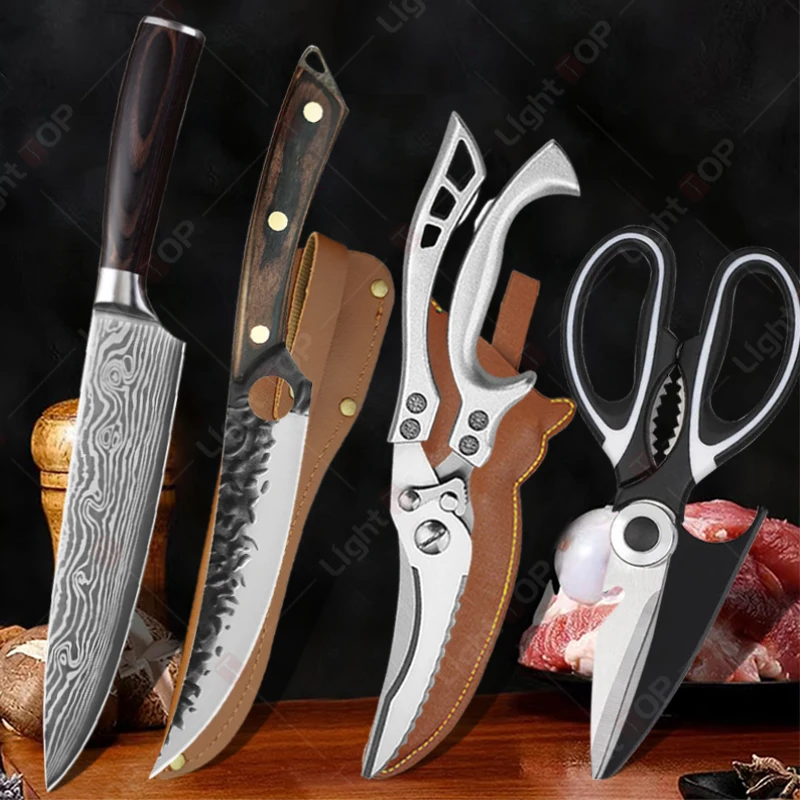 

Professional Forged Chef Knife Stainless Steel Boning Knife Sharp Meat Cleaver Specialised Kitchen Knives Fruit Peeler Scissor