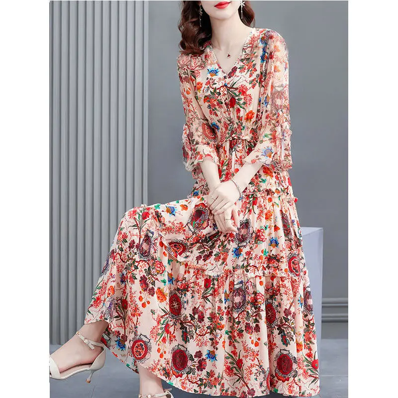 

V-Neck Elegant Floral Dresses 2023 Summer Women's Clothing Midi Fashion All-match Elastic Waist Slim Flare Sleeve Printed Dress