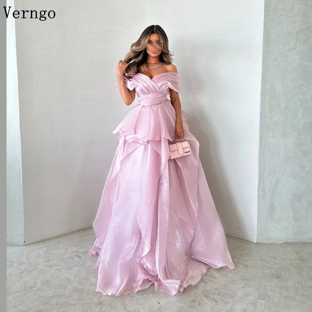 

Verngo Pink Shiny Evening Dress Off The Shoulder A Line Prom Party Dress Elegant Maxi Formal Birthday Dress Saudi Arabic