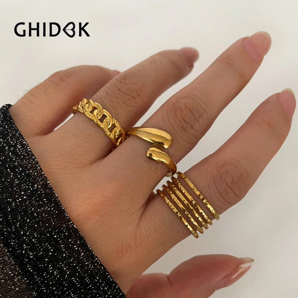 GHIDBK 3pcs Stainless Steel Waterproof Women Rings Multi-layer Metal Texture Geometric Chain Open Ring Fashion Party Jewelry