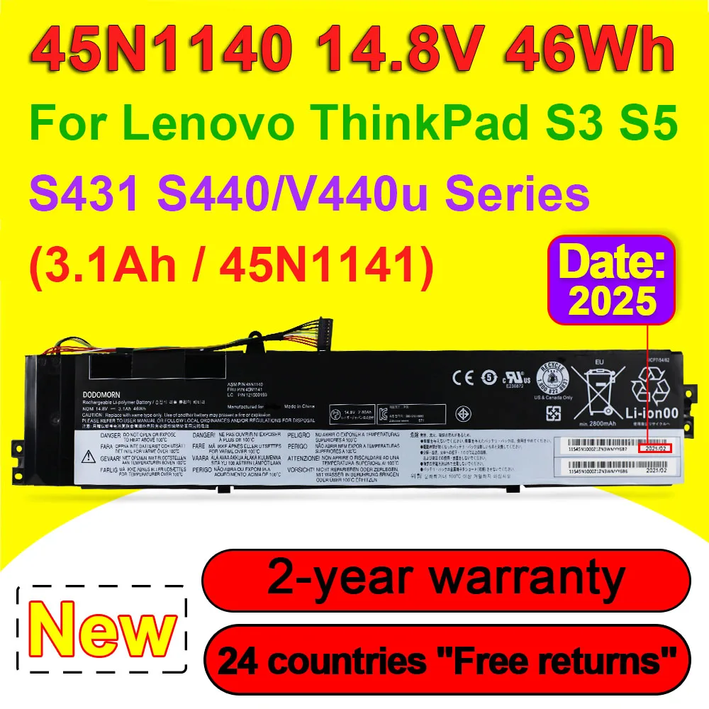

Laptop Battery 45N1140 45N1141 For Lenovo Thinkpad S3 S5 S431 S440 V4400U Series 14.8V 46Wh 3100mAh Li-polymer High Quality