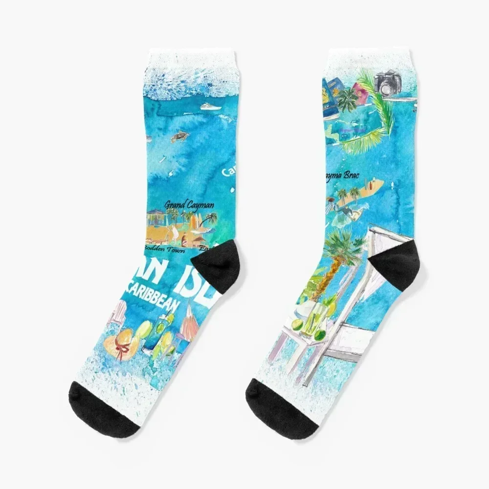 

Cayman Islands Illustrated Travel Map with Roads and Highlights Socks Novelties cycling Women Socks Men's