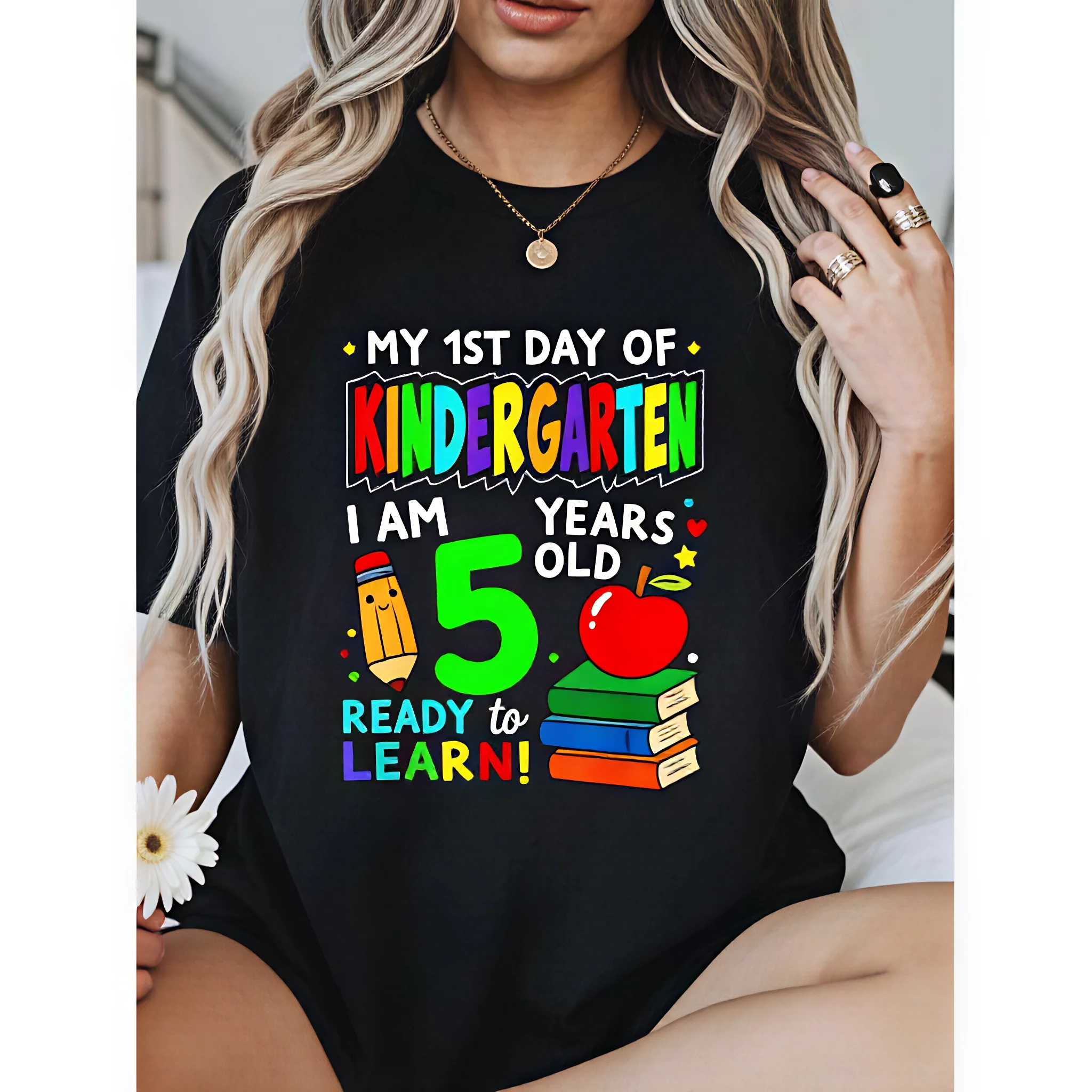 100% Cotton Women Summer Graphic T‑Shirt, My First Day Of Kindergarten 1st Day Of School Print Tee, Soft Short Sleeve Top, Stylish Comfy Casual Daily Outfit