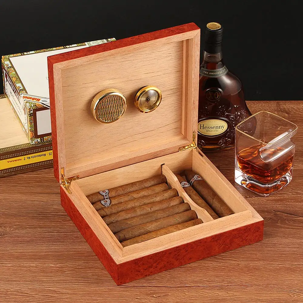 Caja de humidificador de cigarros de madera de cedro, estuche de viaje portátil para cigarros con humidificador, higrómetro, humidificador de