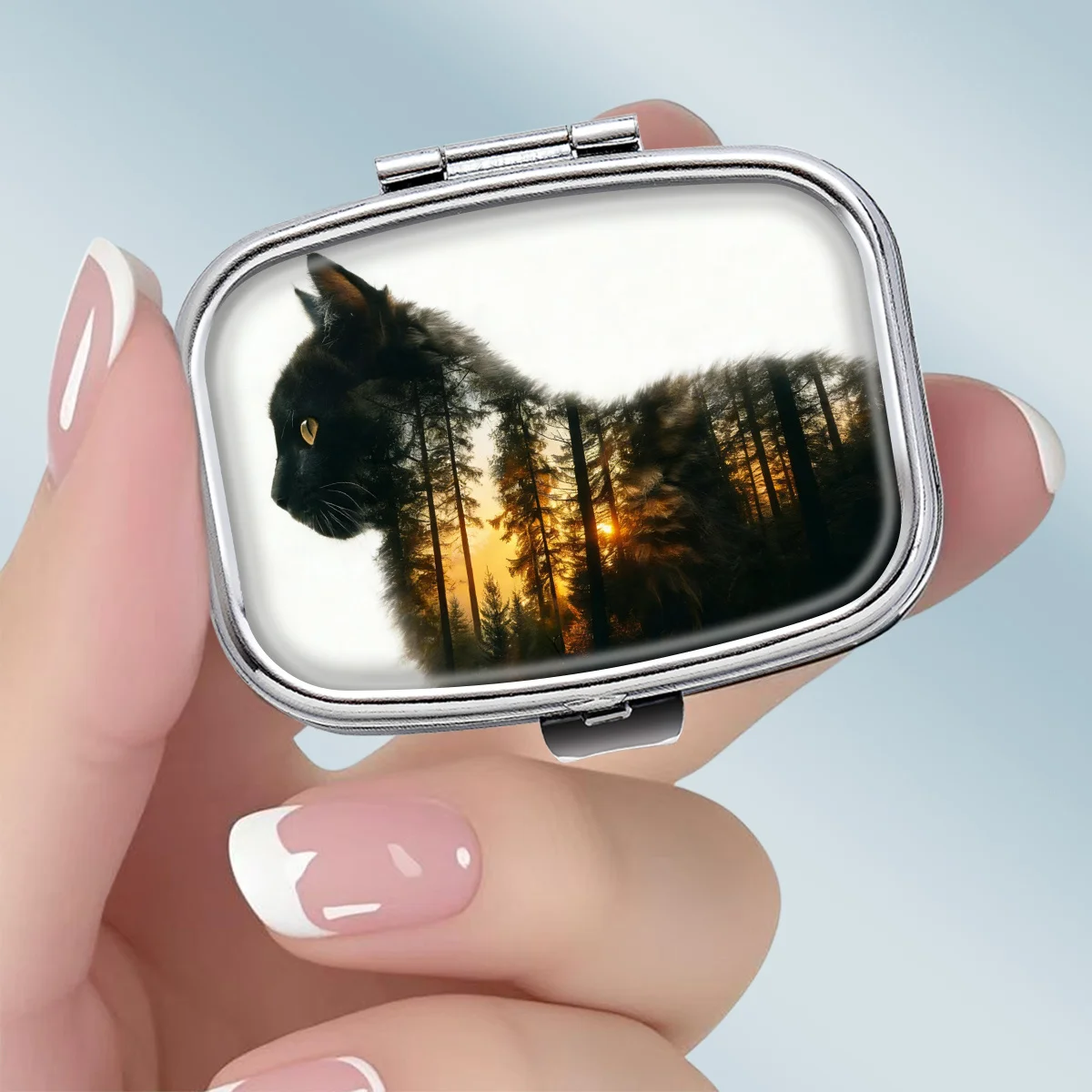 1PC compact 2-compartment square metal pill box, featuring a creative fusion of black cat and forest theme design, portable decorative vitamin storage box, or a unique gift for your wallet