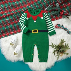 Baby Christmas Knit Jumpsuit Belt and Stripe Print Long Sleeve Crew Neck Jumpsuit Festive Striped Christmas Hat Jacquard Costume