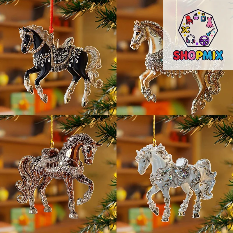 2D الاكريليك الحصان سيارة مرآة الرؤية الخلفية قلادة سحر شجرة عيد الميلاد زخرفة السنة الجديدة شنقا الديكور