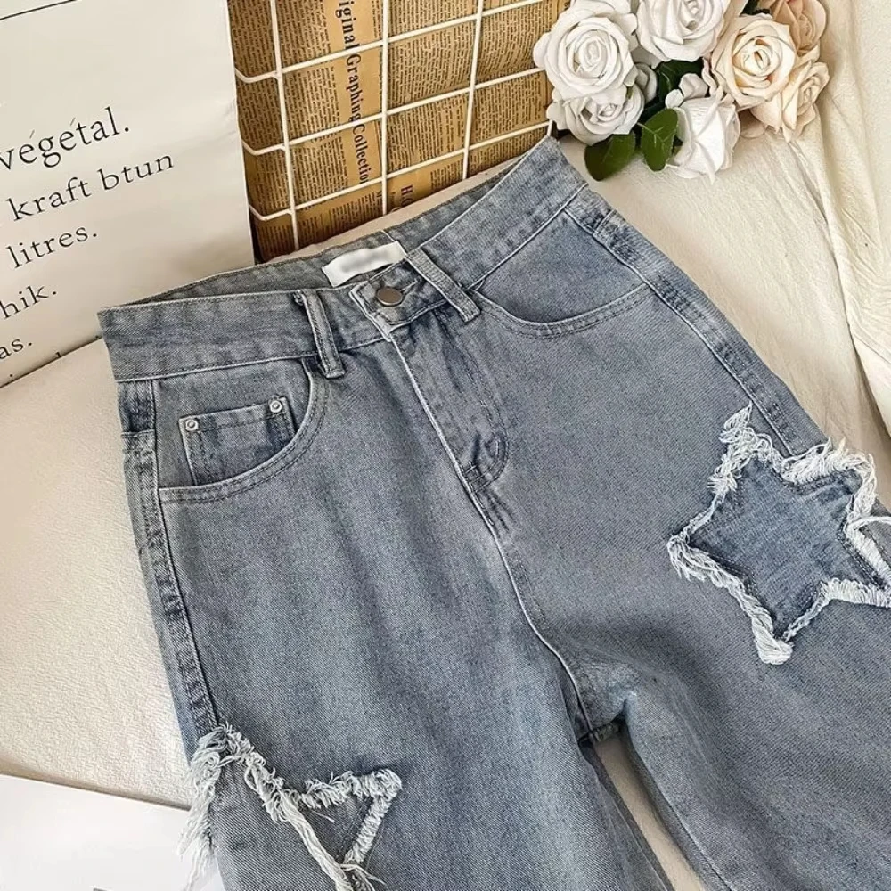 Denim Beliebte Ins Mode Koreanische Mit Stern Frühling Herbst Neue Hohe Taille Gerade Bein Lose Anliegende Jeans
