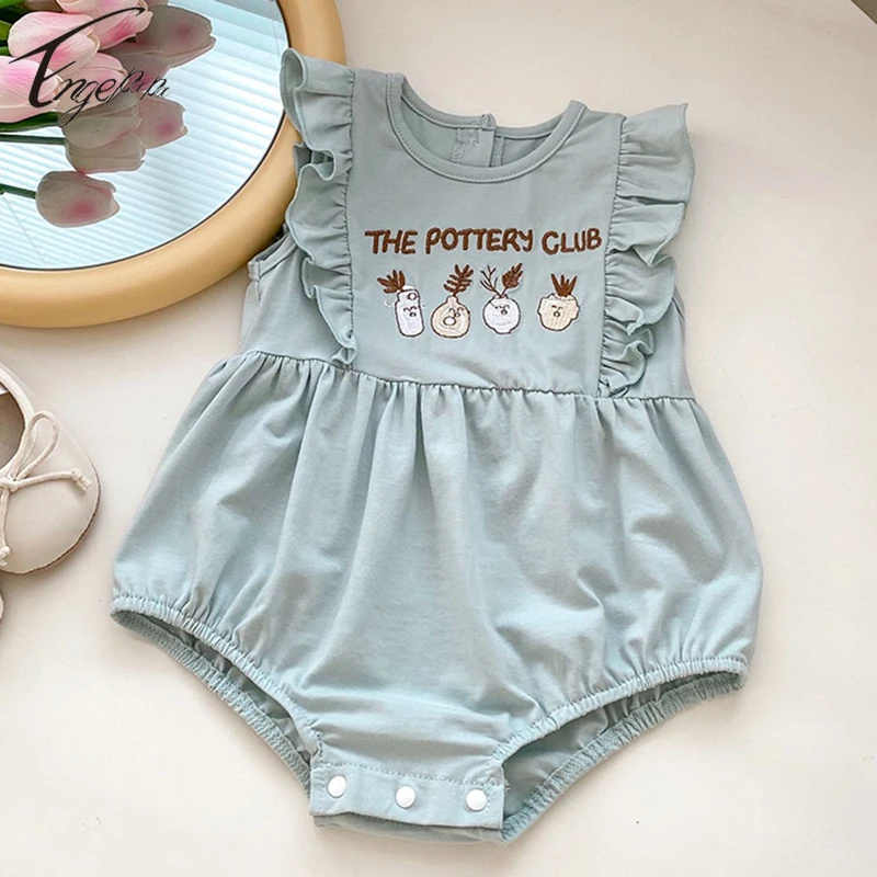 

Embroidery Baby Girls Flying Sleeves Rompers Toddler Baby Girls Jumpsuit Bodysuit Sweet Princess Girls Summer One Piece Rompers