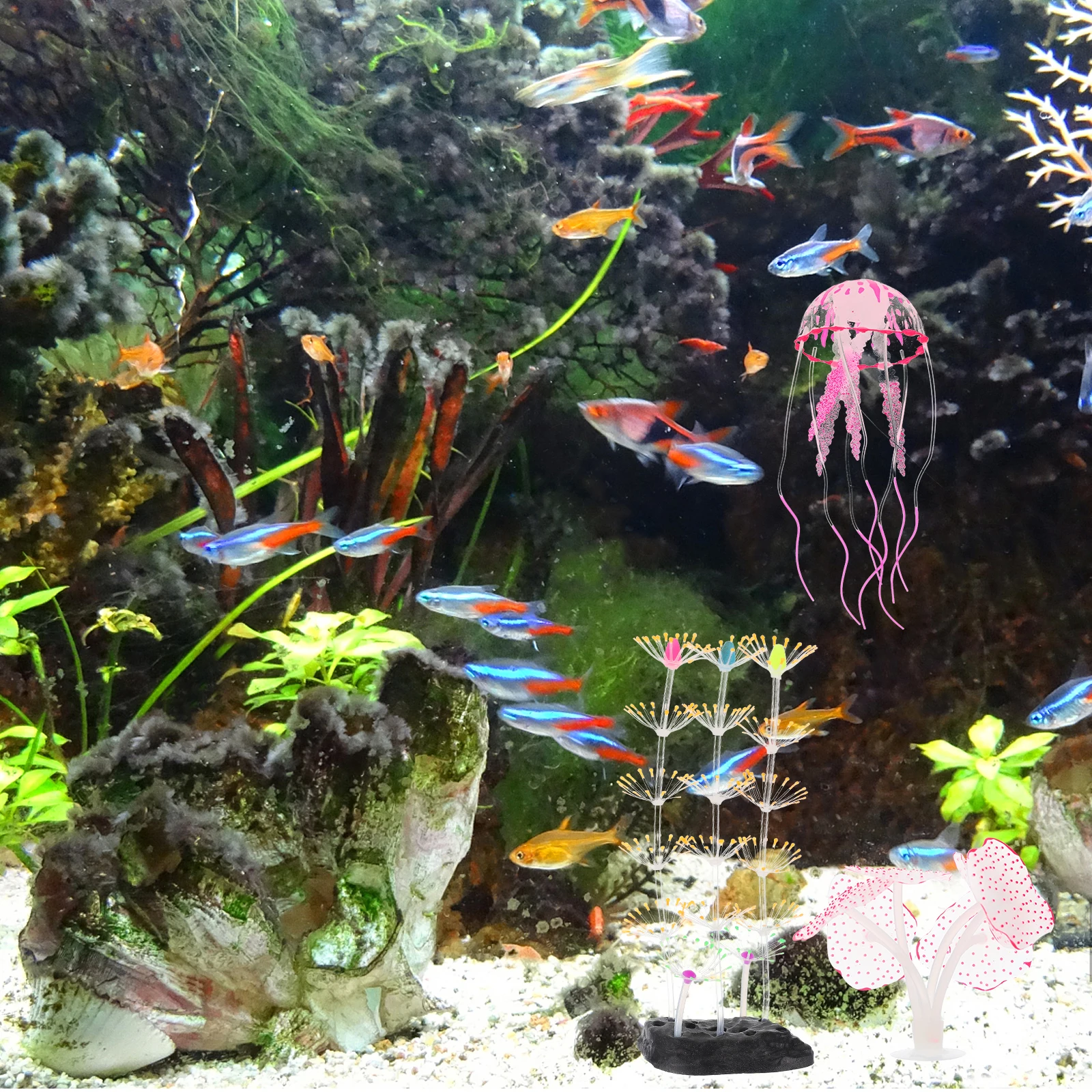 

1 Set Glowing Coral Ornament Fluorescent Lifelike Aquarium Decoration Premium Silicone Fish Tank Underwater Landscape Resistant
