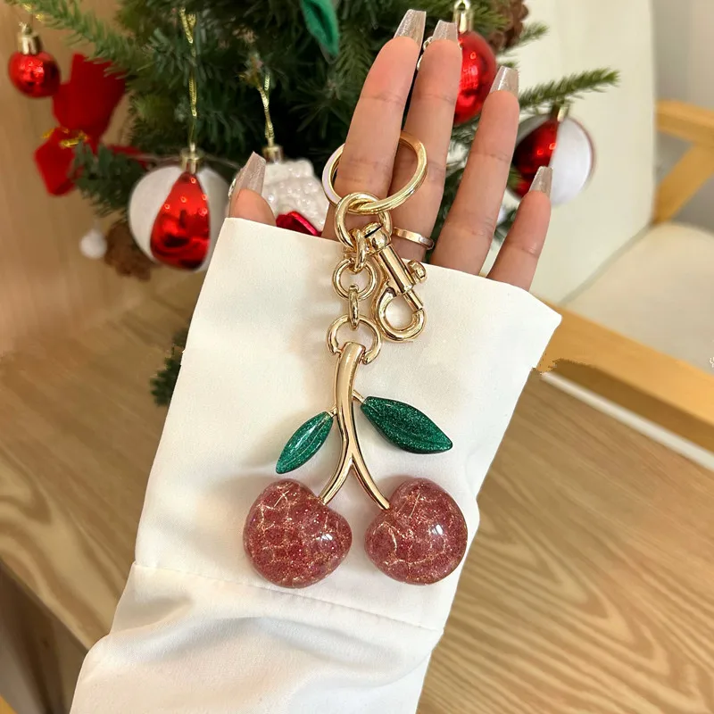 Pink Crystal Cherry Pendant Decoration Accessory For Coach Handbag Women's Shoulder Bag High-Grade Keychain Bag Attachment Part