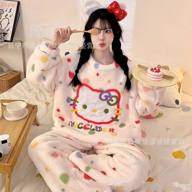 

Горячий Sanrio 2025 г., женский осенне-зимний новый модный удобный пижамный комплект Hello Kitty для девочек, милый утепленный комплект домашней одежды с героями мультфильмов