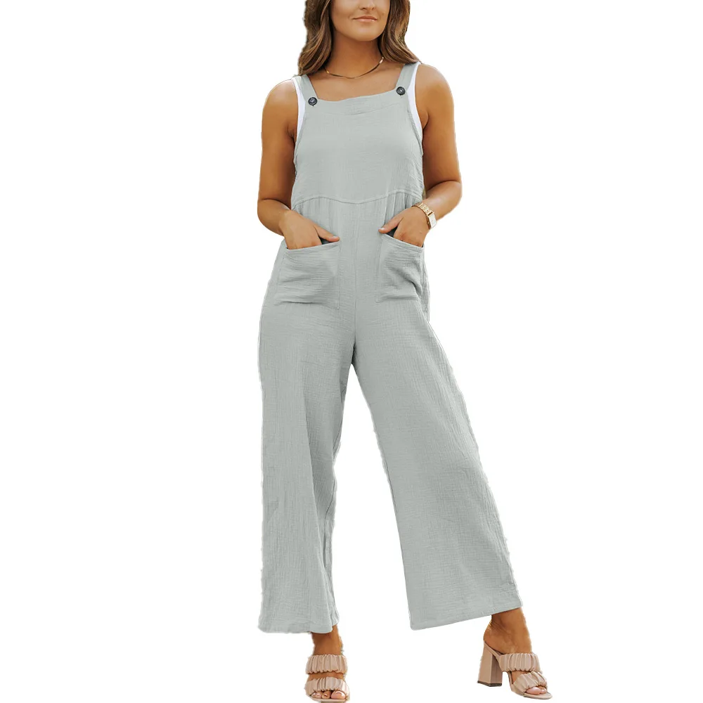 2025 신상 여성 여름 유럽 및 미국 패션 코튼 린넨 단색 하이웨이스트 루즈핏 캐주얼 점프수트