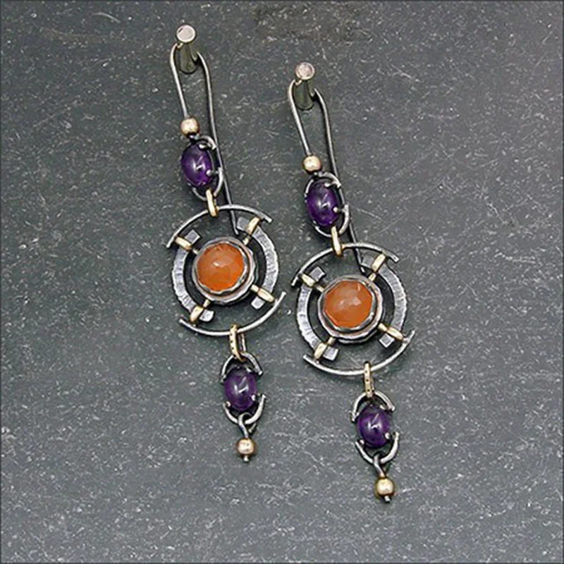 Geometric Vintage Orange Purple Color Stone Hollow Dangle Earrings For Women Female Party Jewelry Pendant Custom Jewelry