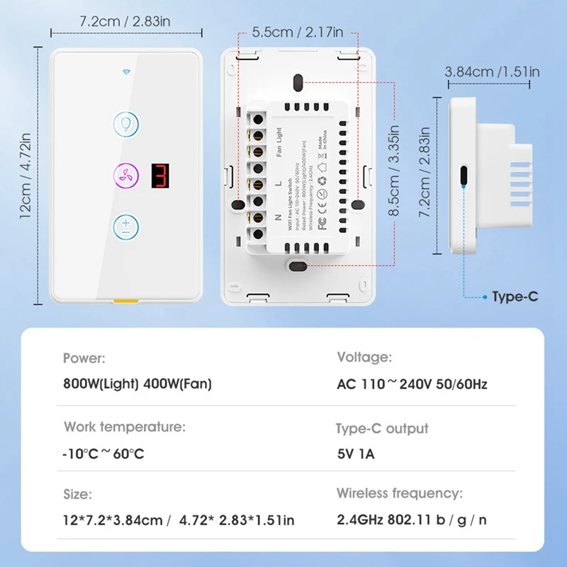 Smart Home Touch Panel Switch Wall Remote Control Wifi Fan Light Switch Tuya APP Voice Timing Control US-Plug White