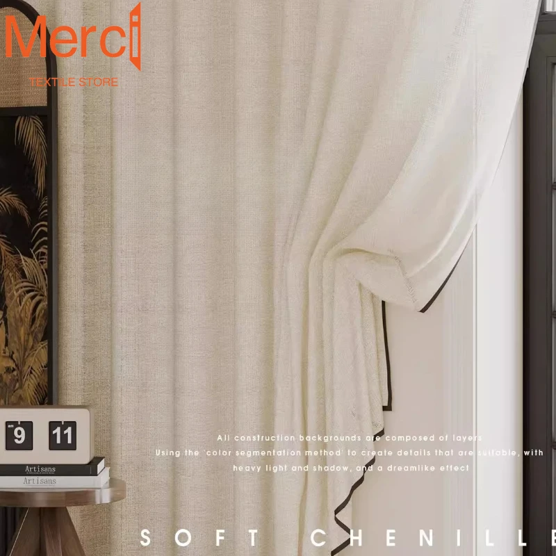 Merci Textile Store Linen Gauze White Sheer Curtains Black Edge Yarn French Retro Light-transparent Bay Window Curtains Veil