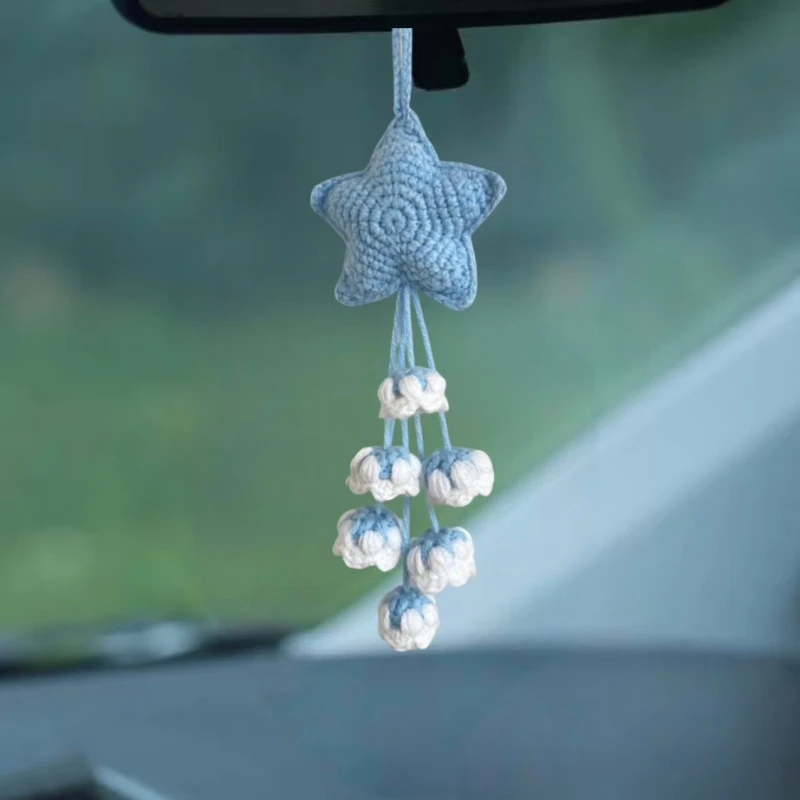Blue Star Car Mirror Hanging Accessories - Car Interior Rearview Mirror Decorative Pendant - Handmade Crochet Car Accessories