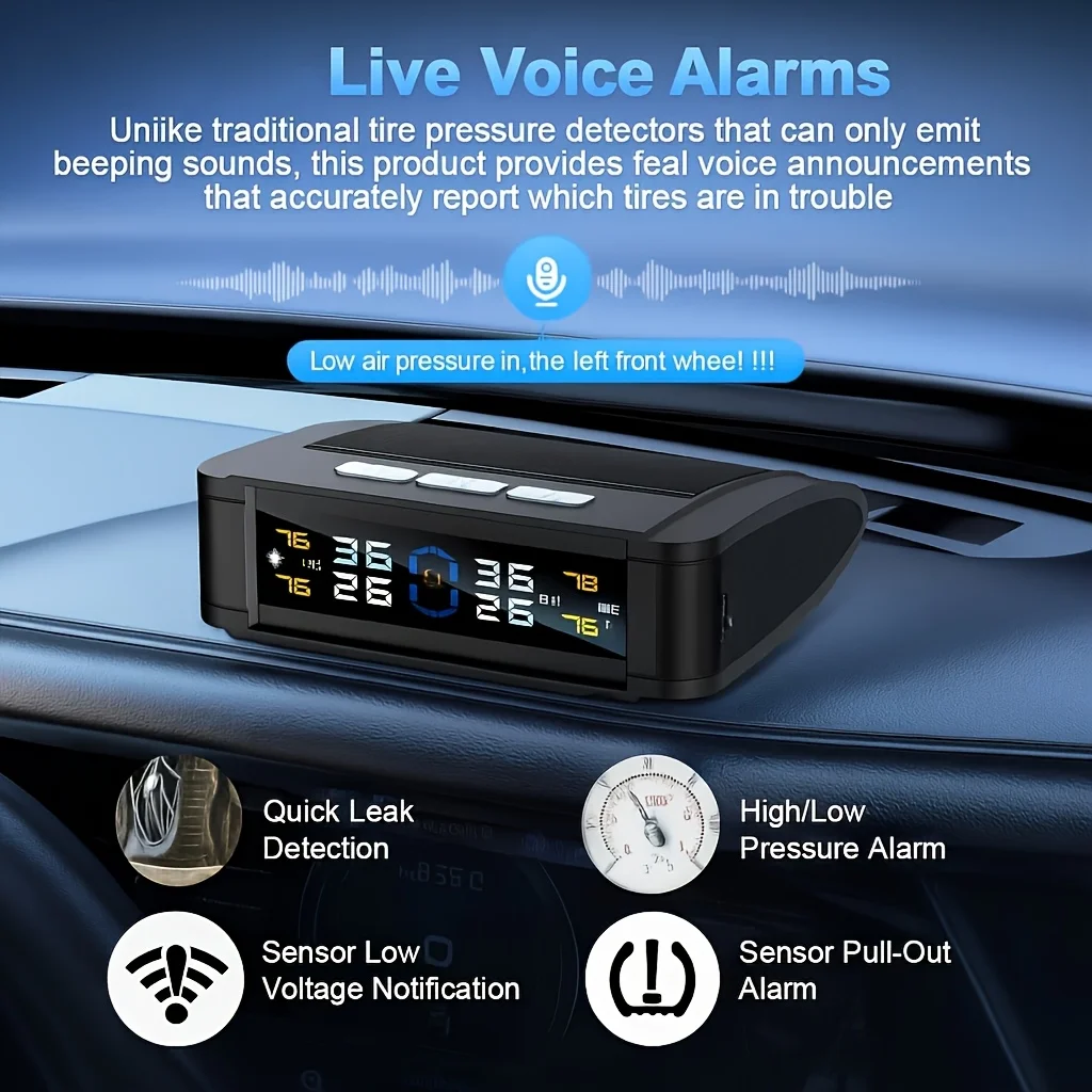 YNF Solar TPMS, 4 External Sensors, Tire Pressure & Temperature Monitor, Solar/USB Powered & Temperature Warning for Cars