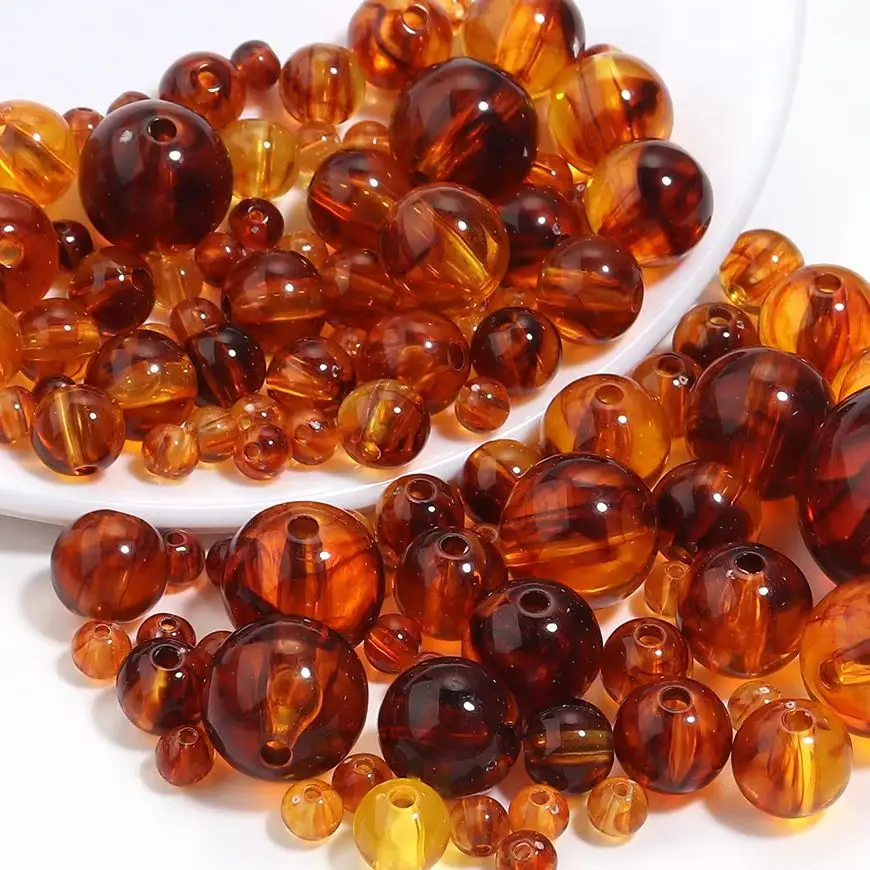 10-200pcs 6/8/10/12/14/16/20mm Amber Color Acrylic Beads Amber Beads Round Loose Spacer Beads For Jewelry Making DIY Accessories