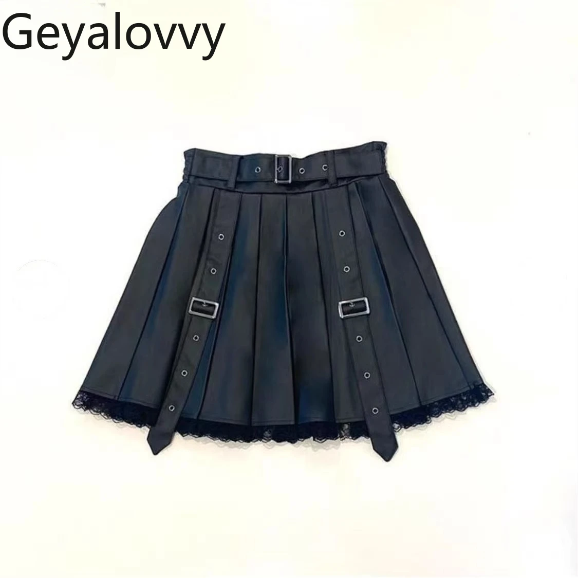 الأصلي اليابانية الشارع تنوعا حزام الديكور الجلود ألف خط تنورة حلوة بارد الفتيات مرونة عالية الخصر الدانتيل التنانير القصيرة #1