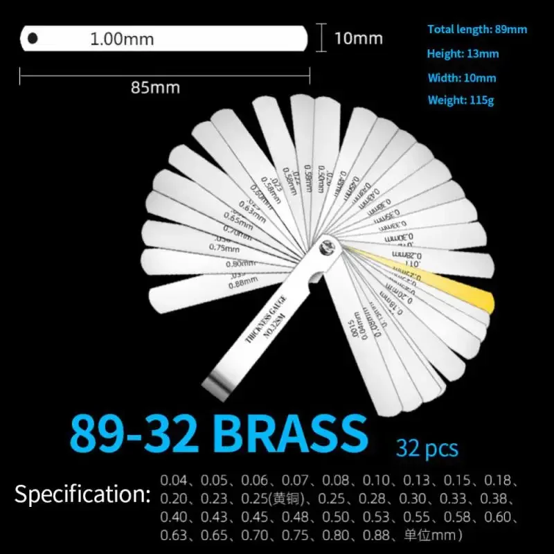 Juego de Herramientas de medición para motocicleta, calibre Feeler de espesor métrico, 32 cuchillas, rango de herramienta de medición de hueco de latón, válvula de 0,04mm y 0,88mm